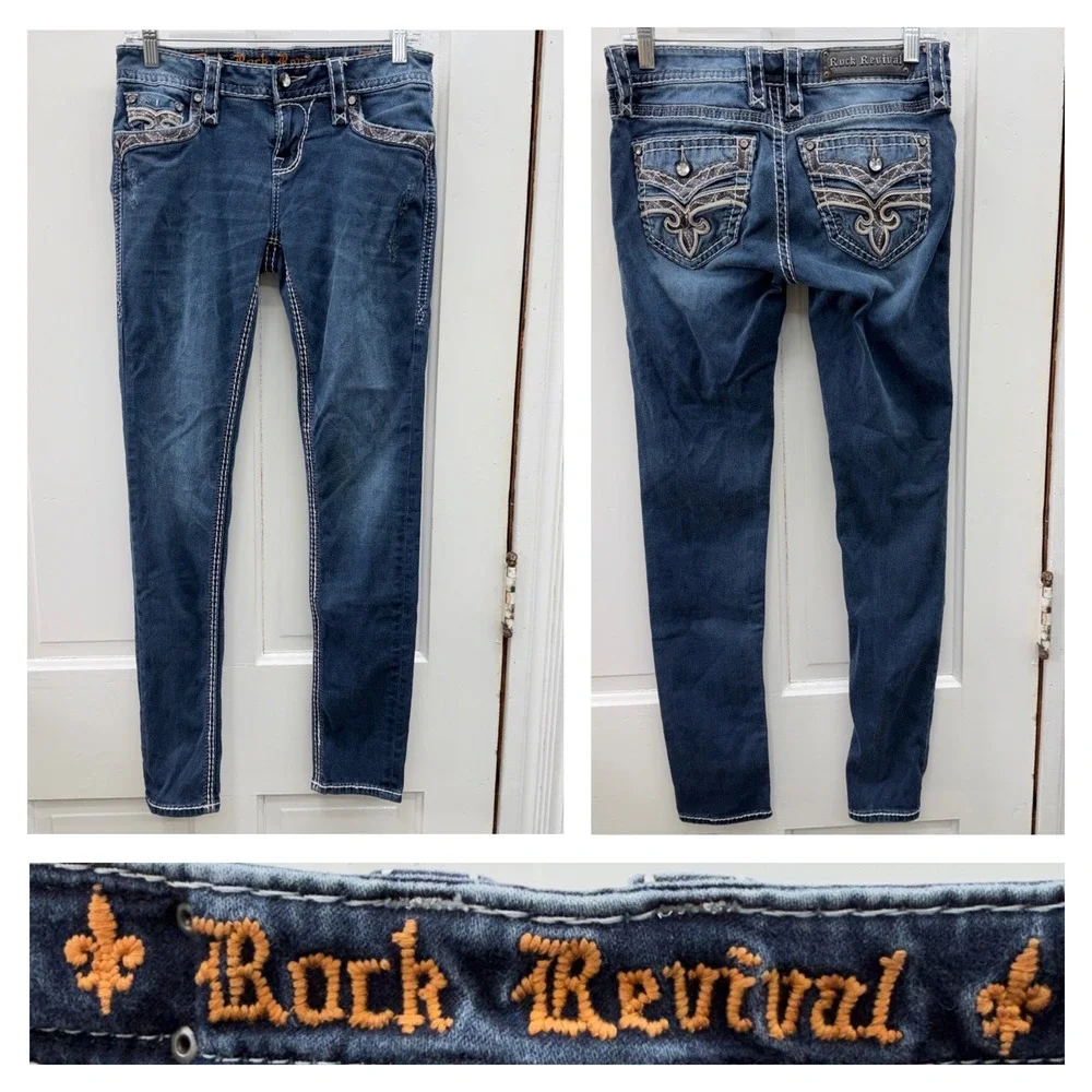 Rock Revival Arisa Womens 28 Thick Stitch Embellished Skinny Denim Jeans
